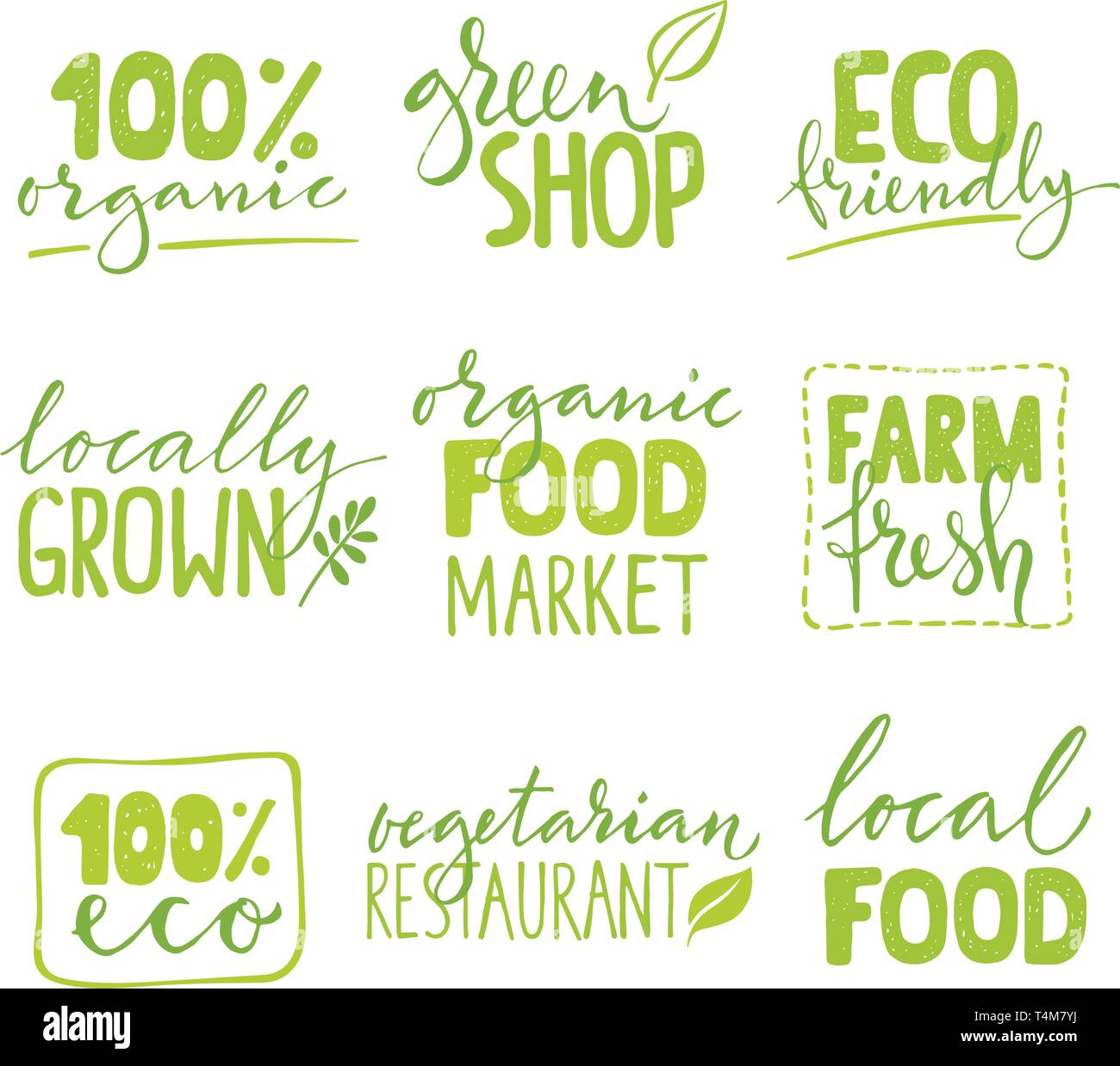 Vector set of healthy food labels with hand drawn lettering Stock ...