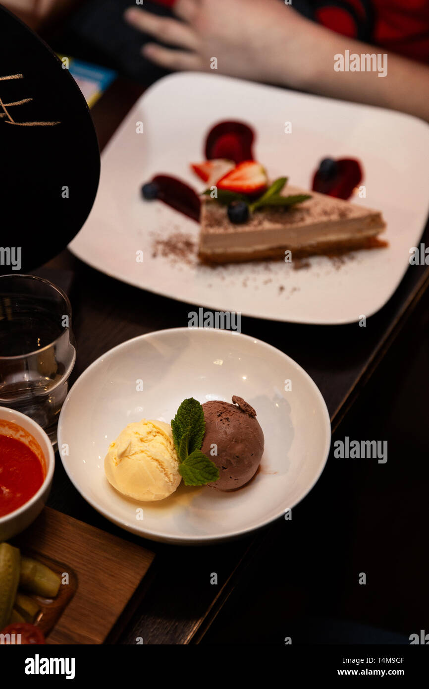 Dessert ice cream and cake close up on a table Stock Photo Alamy