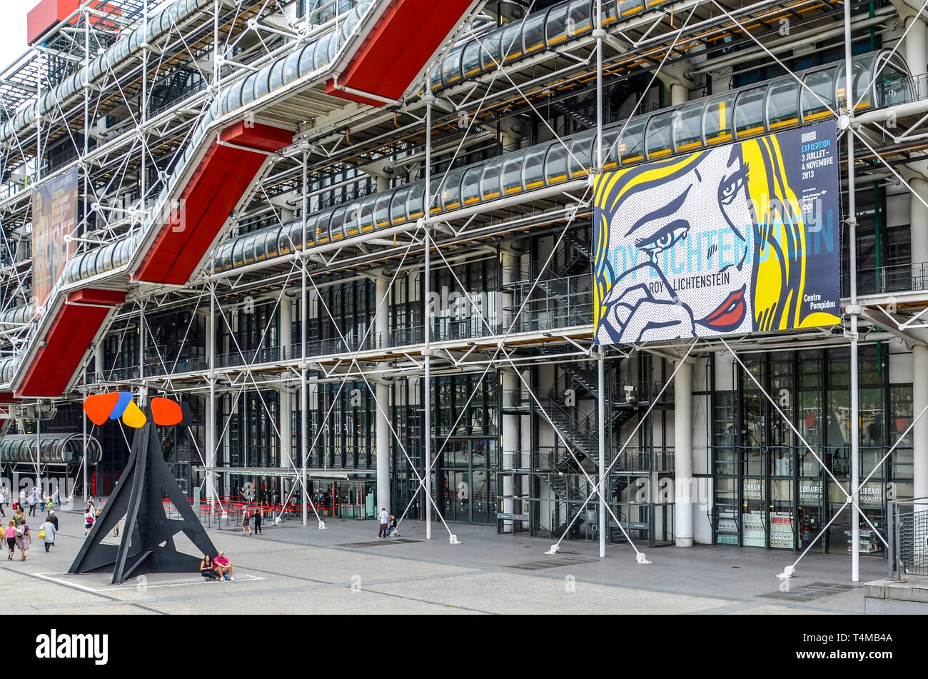 Roy Lichtenstein exhibition display advertising board at the Centre Georges Pompidou, Pompidou Centre, art museum exterior,  Musée National d'Art Stock Photo