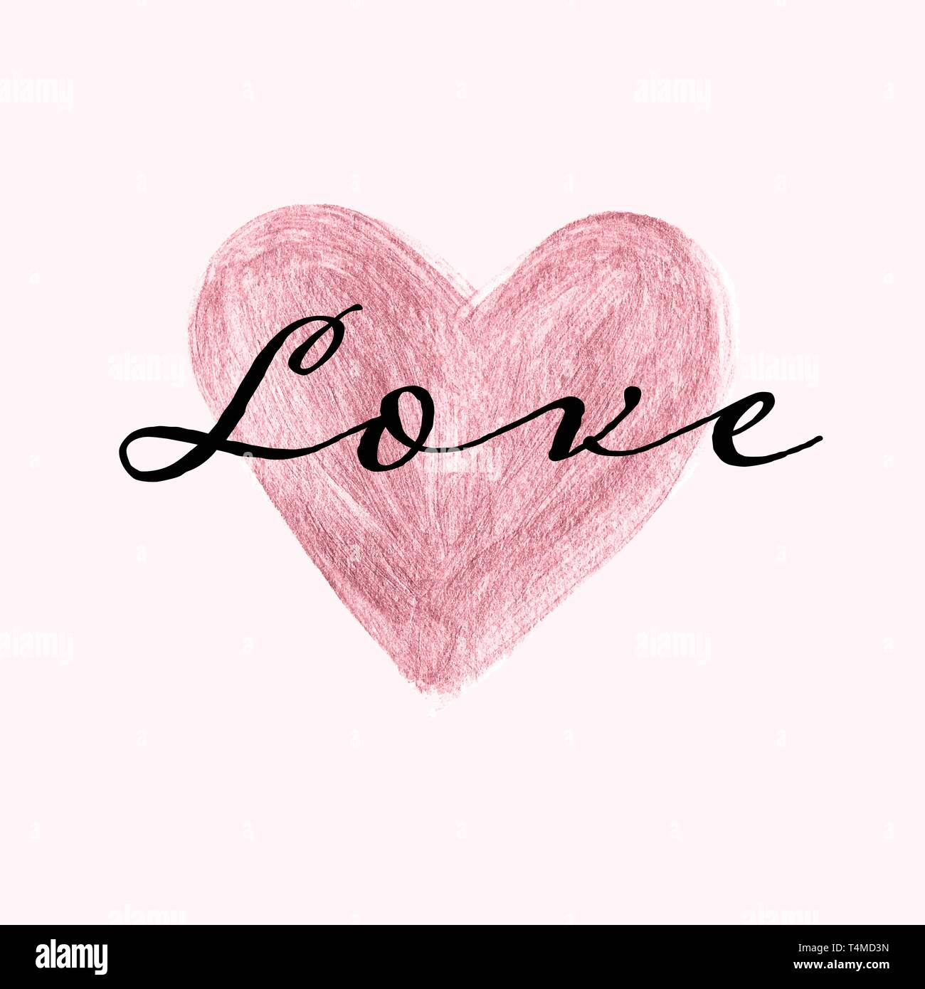 Rose Gold Hand Painted Heart With Love Text On Pink Background