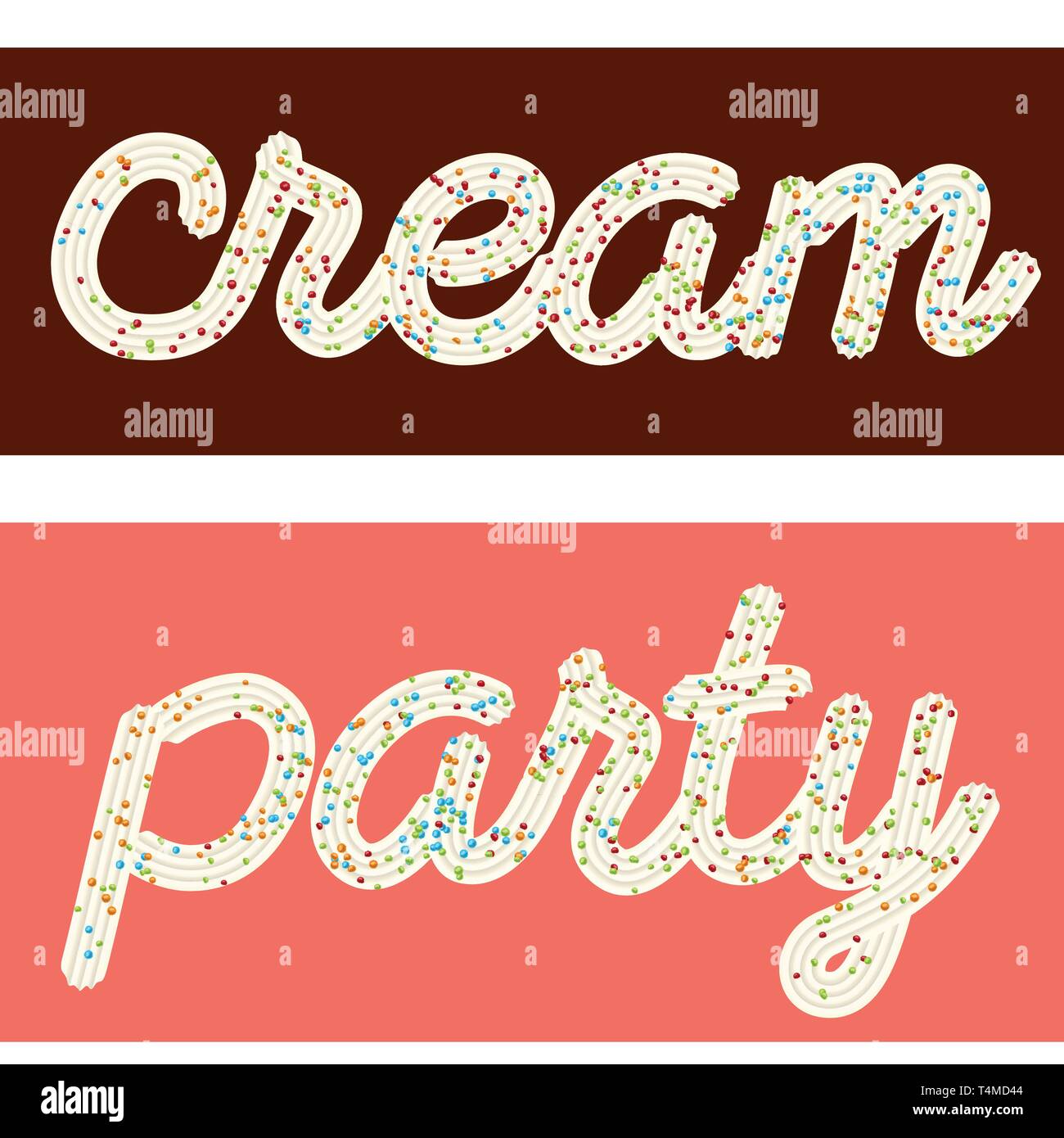 Tempting typography. Icing text. Words "cream" and "party" from whipped cream glazed with candy