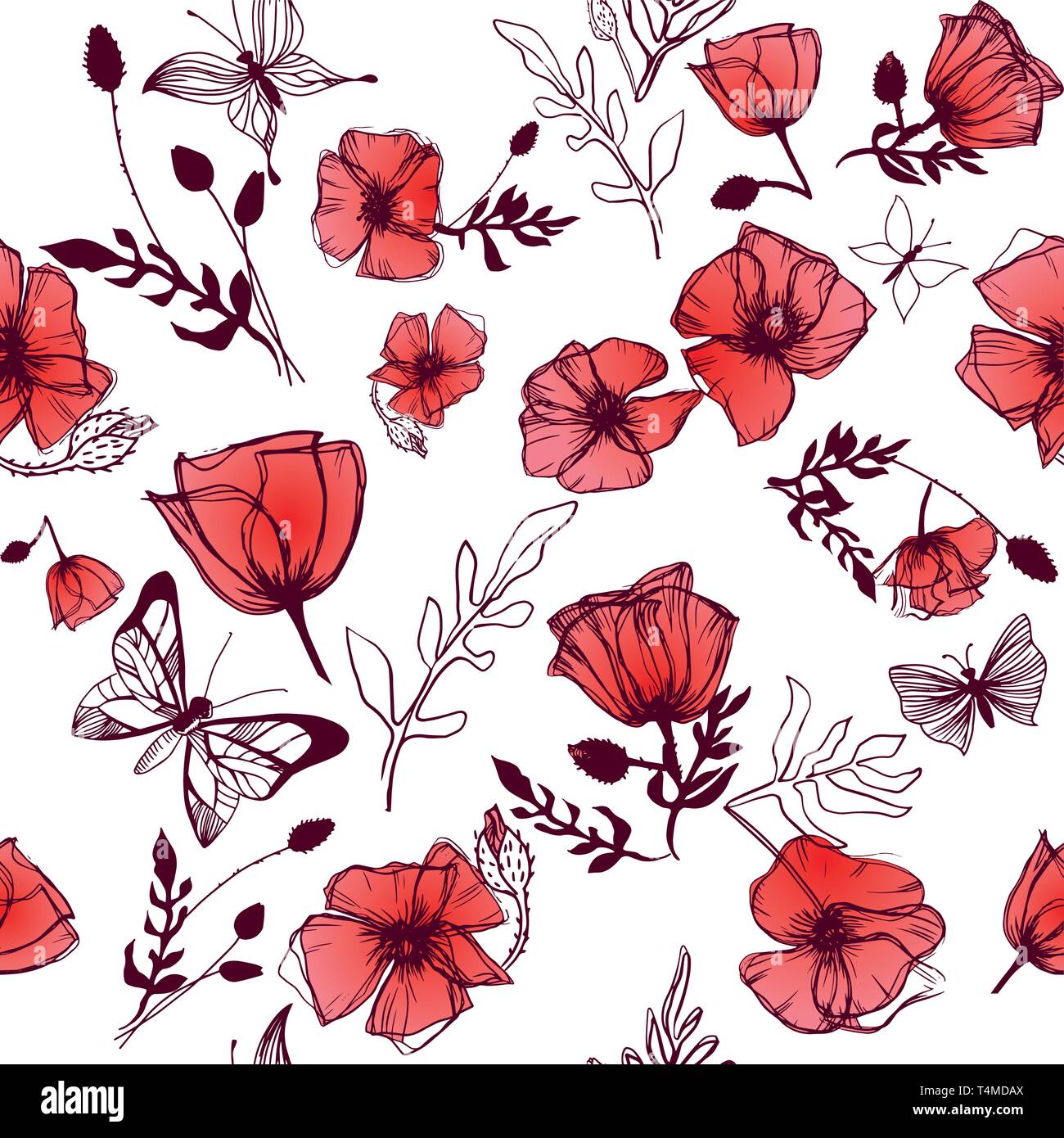 Butterflies and Poppies illustrations seamless vector background Stock Vector