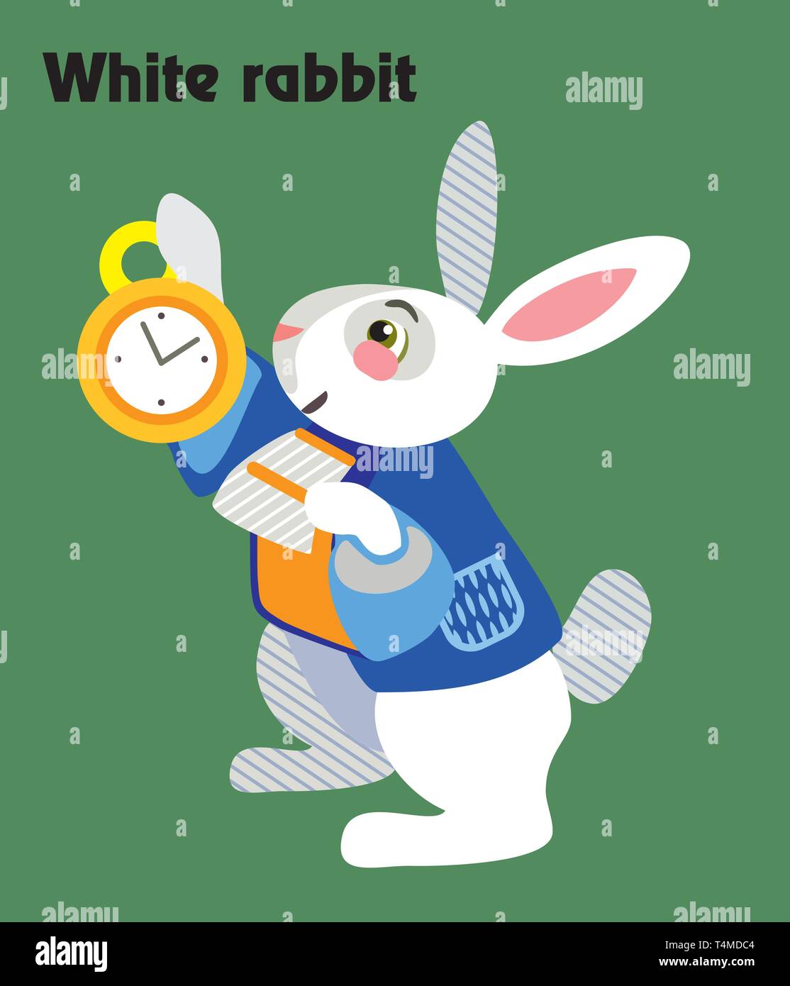 Colorful decorative outline portrait of White rabbit with golden clock in his hand. Alice in Wonderland, vector cartoon flat illustration in different Stock Vector