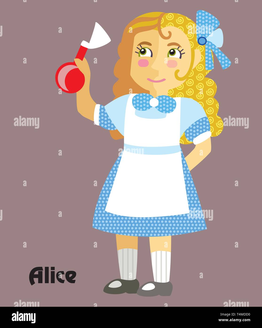 Colorful decorative outline portrait of girl in blue dress with potion in her hand. Alice in Wonderland ,vector cartoon flat illustration in different Stock Vector