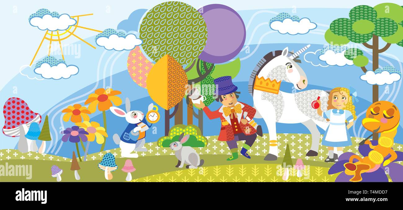Alice in Wonderland. Colorful vector cartoon flat illustration with seamless pattern elements isolated on white background. Alice, Mad Hatter,White ra Stock Vector