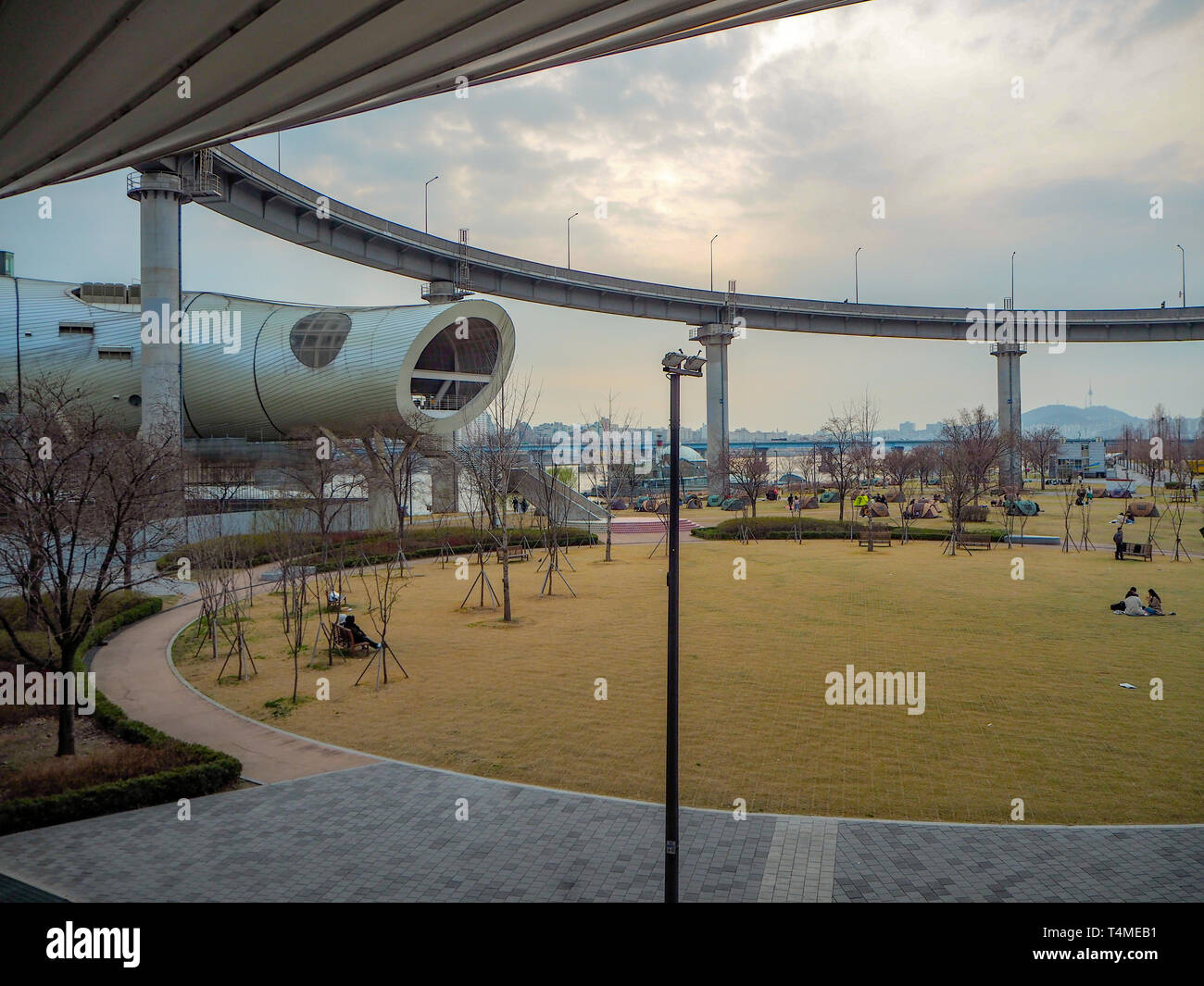 March 2019 - Seoul, South Korea: Cultural complex J-Bug in the Ttukseom Hangang park overlooking the Hangang river Stock Photo