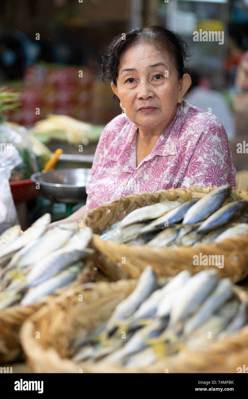 Fish seller in the Psar O Russei market, Phnom Penh, Cambodia, Southeast Asia, Asia Stock Photo