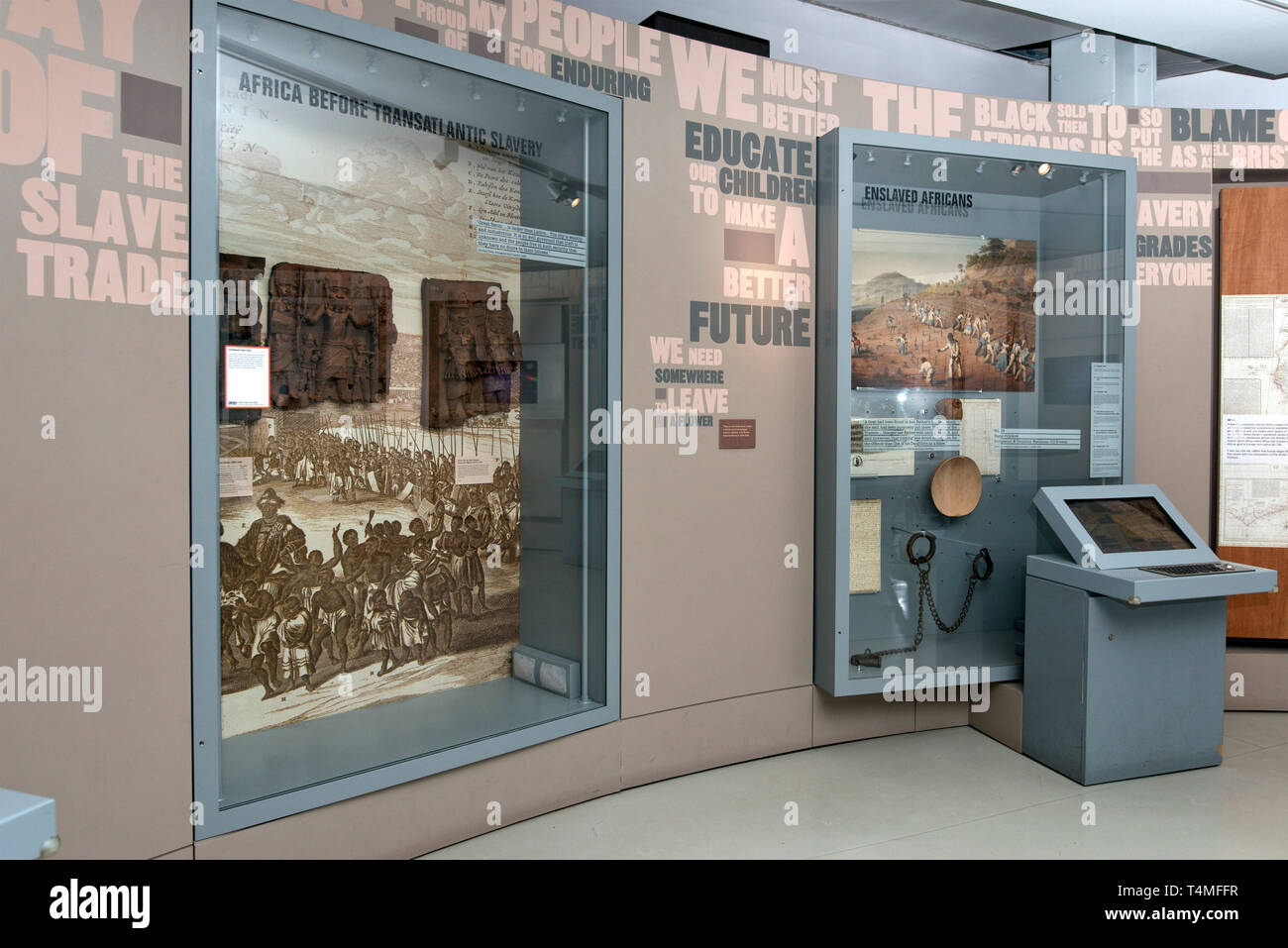 Slavery Exhibition at M Shed, Bristol showing slave shackles and a plan of the layout  of a slave ship etc. Stock Photo