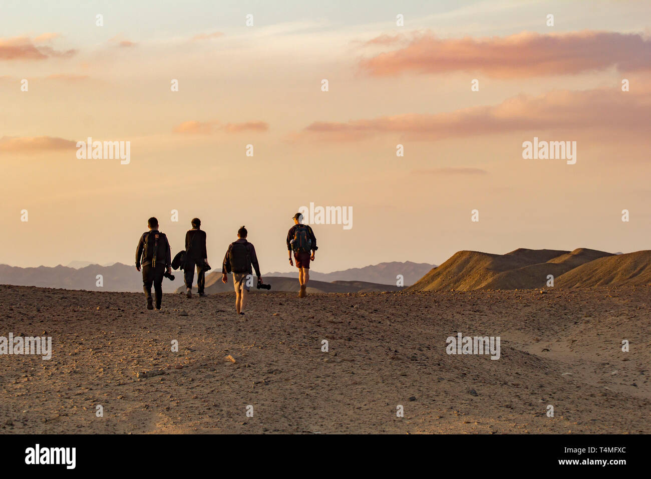 Four photographer trek the horizon of the wadi el gamal desert, Egypt Stock Photo