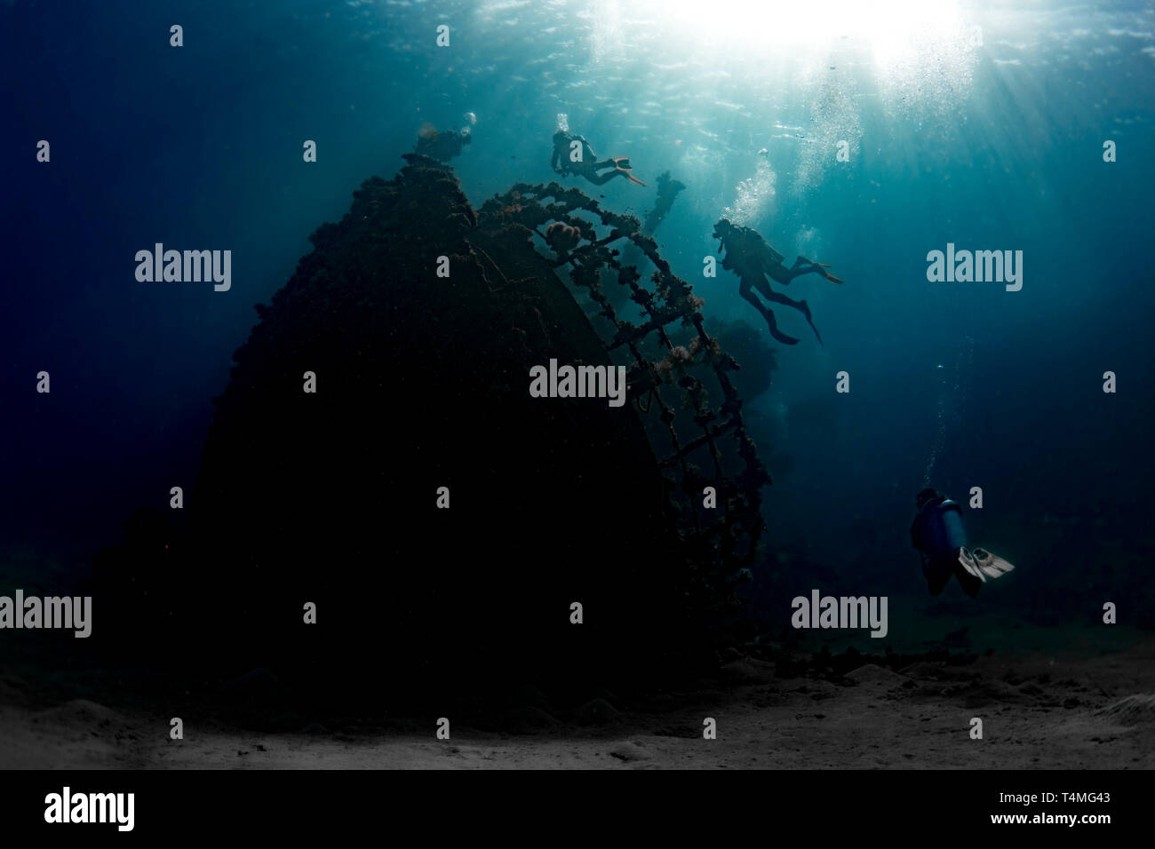 Underwater photographer of divers ascending over the shipwreck of Abu Ghoson, Egypt. Stock Photo