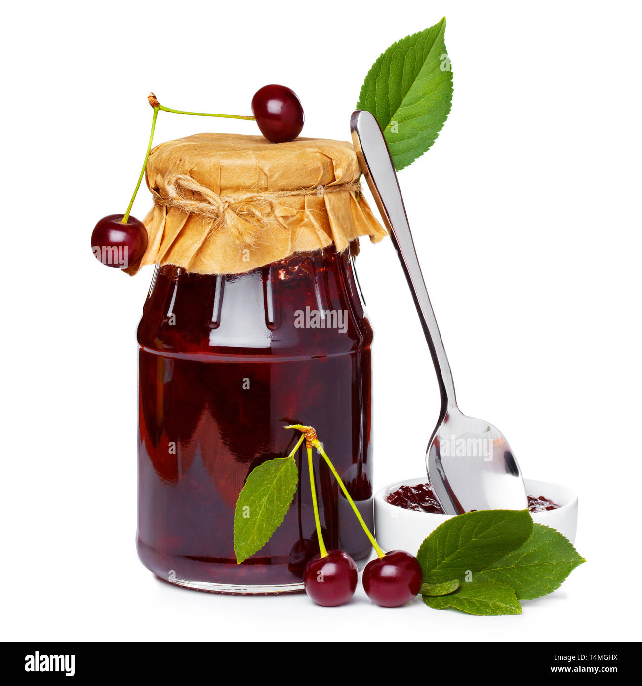 Cherry jam jar isolated on white Stock Photo