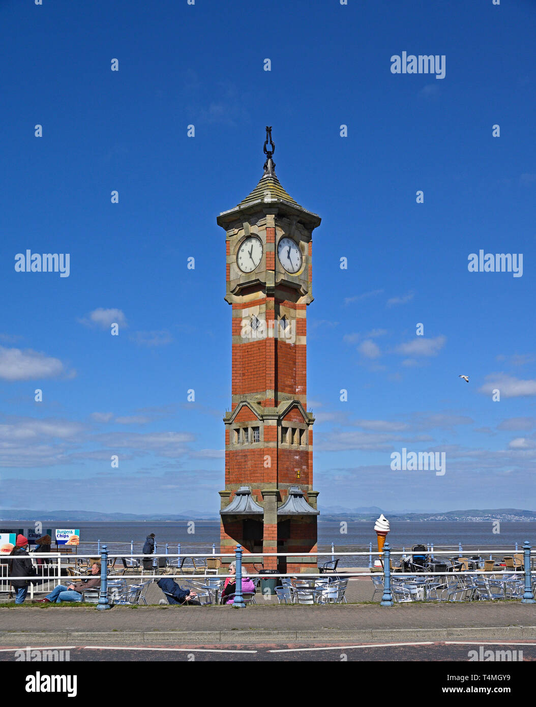 The Clock Tower and the Clock Tower Cafe. The Promenade, Morecambe, Lancashire, England, United Kingdom, Europe. Stock Photo