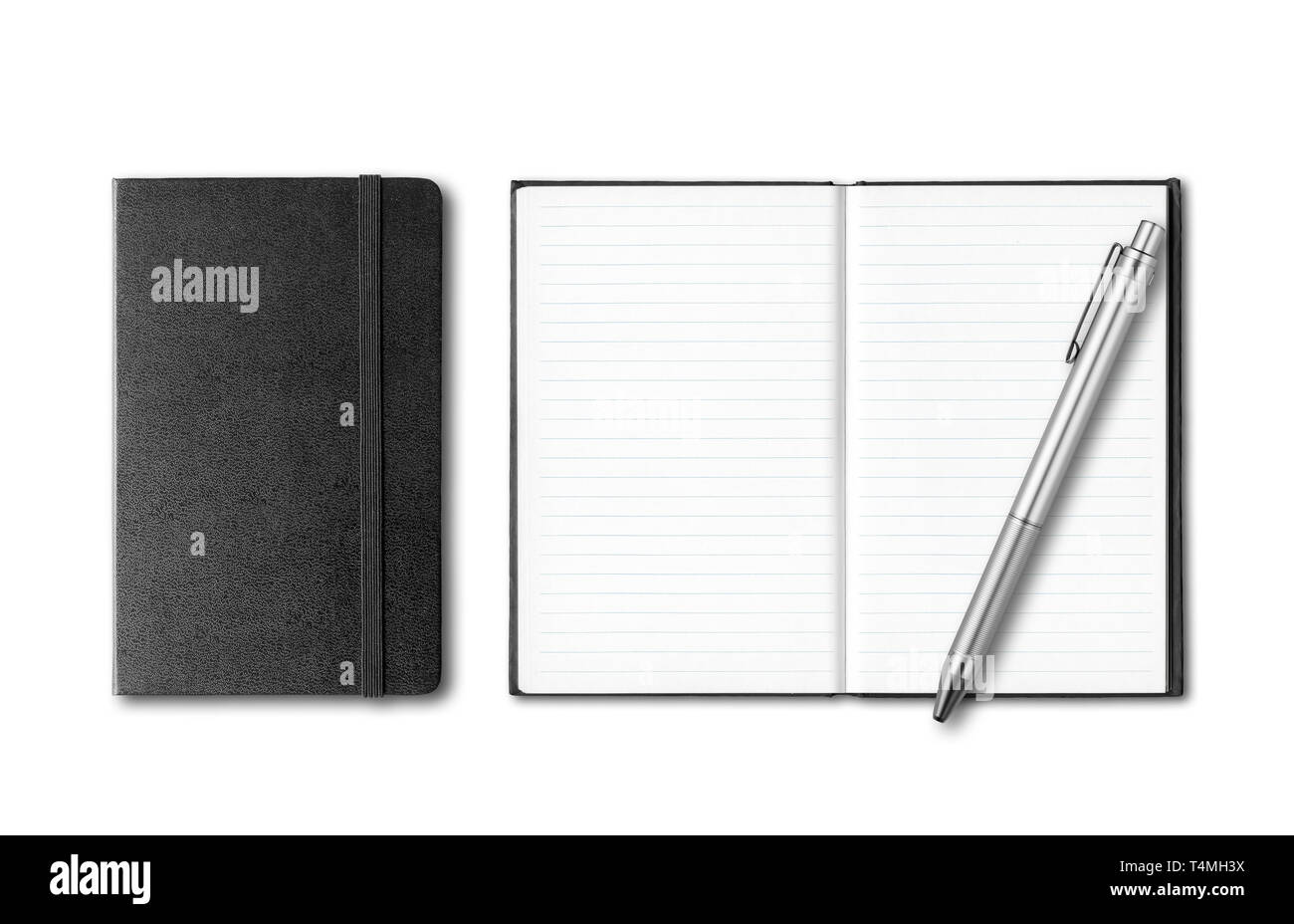 Black closed and open notebooks with pen isolated on white background Stock Photo