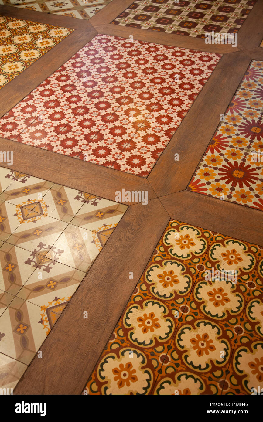 Tiled Flooring at Figaros Barbers in Lisbon, Portugal Stock Photo