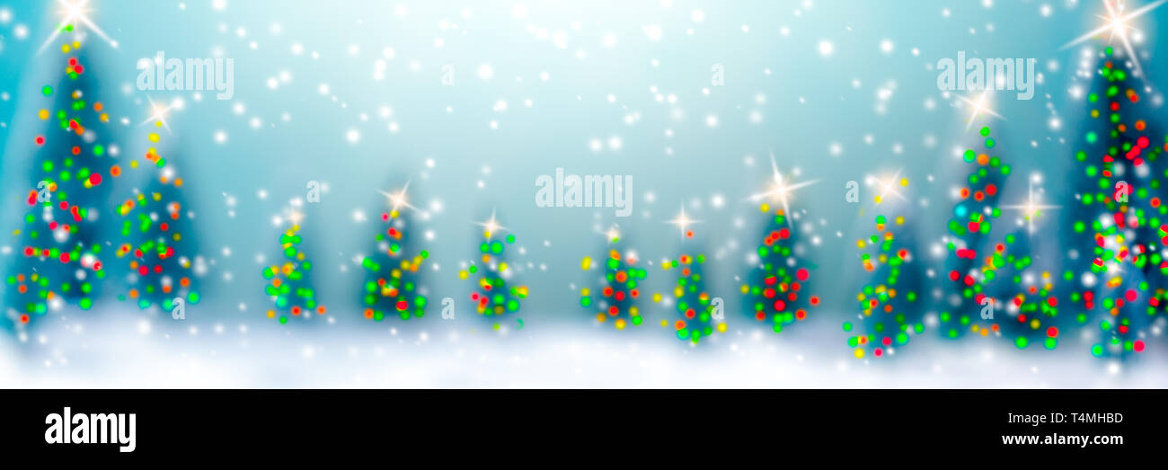 Abstract Background With Trees, Lights And Falling Snow /Christmas And New Year Concept Stock Photo