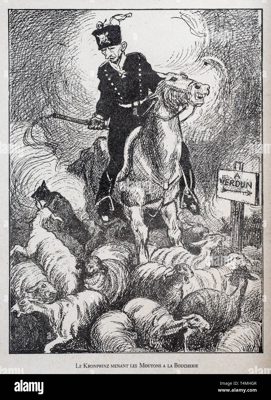 WW1 caricature by illustrator Rata Langa showing German Prussian Crown Prince / Kronprinz Wilhelm von Preußen driving sheep to the slaughterhouse Stock Photo