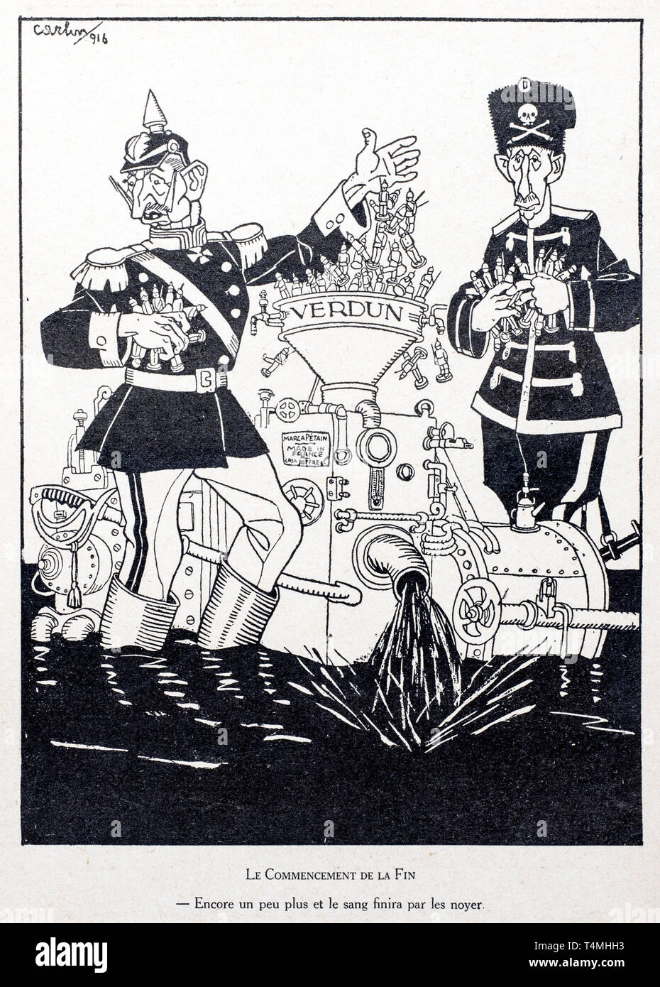 WW1 caricature by artist Carlin showing Prussian Crown Prince / Kronprinz Wilhelm von Preußen and Kaiser Wilhelm II destroying German toy soldiers Stock Photo