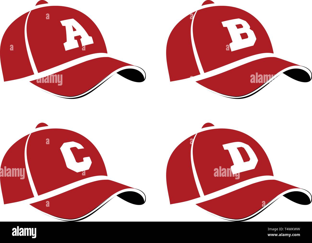 Baseball caps with capital letters of the alphabet, can be used as abbreviations player names or team names. Vector illustration on white Stock Vector