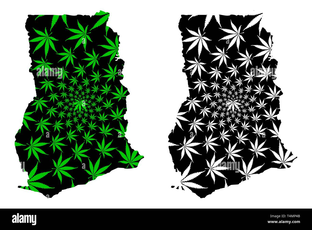 Ghana - map is designed cannabis leaf green and black, Republic of Ghana map made of marijuana (marihuana,THC) foliage, Stock Vector