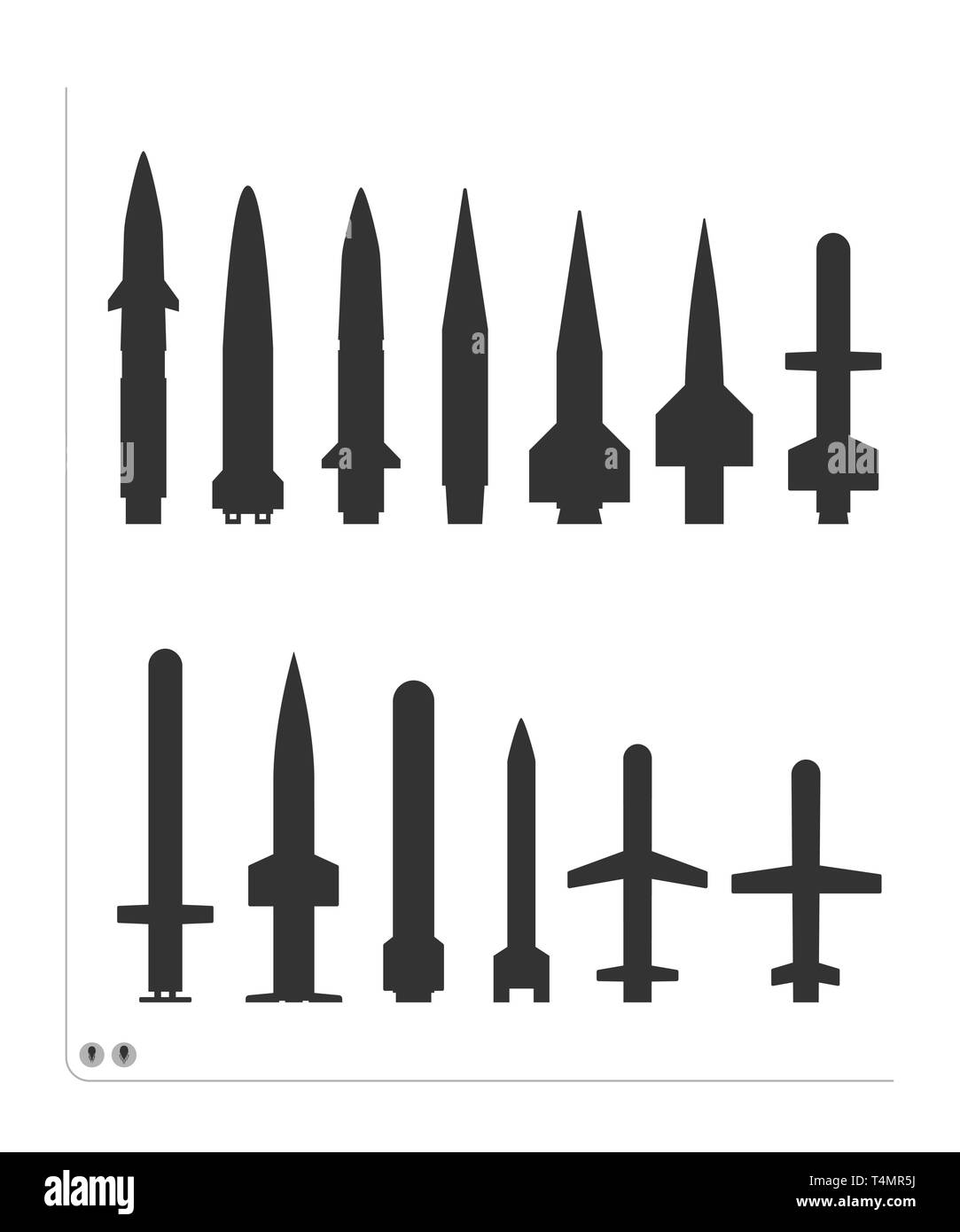 Set of black silhouette missiles is isolated on a white background. The set has different forms and size of the cruise and ballistic missiles. Stock Vector