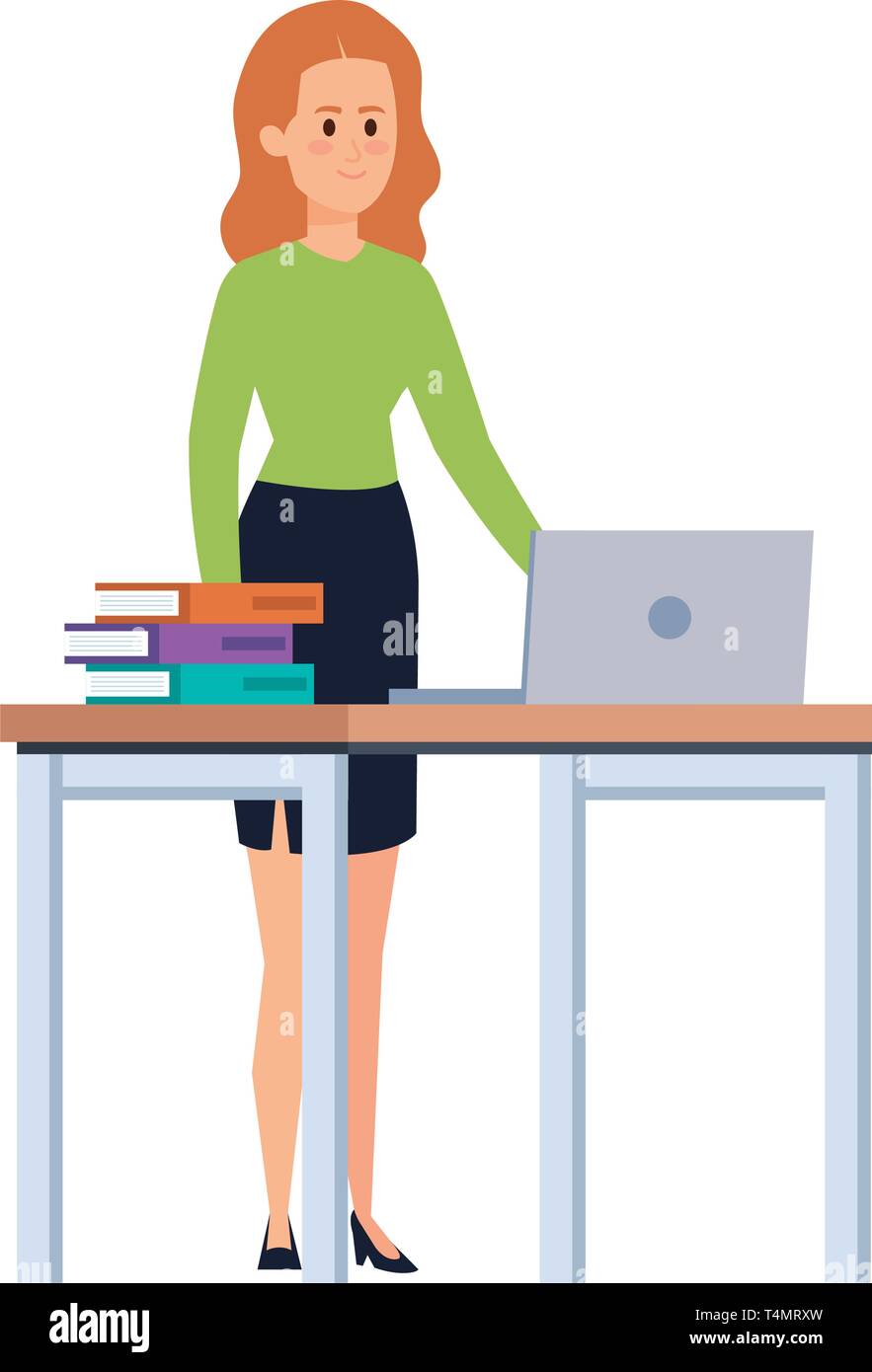young teacher female in desk with laptop and books Stock Vector