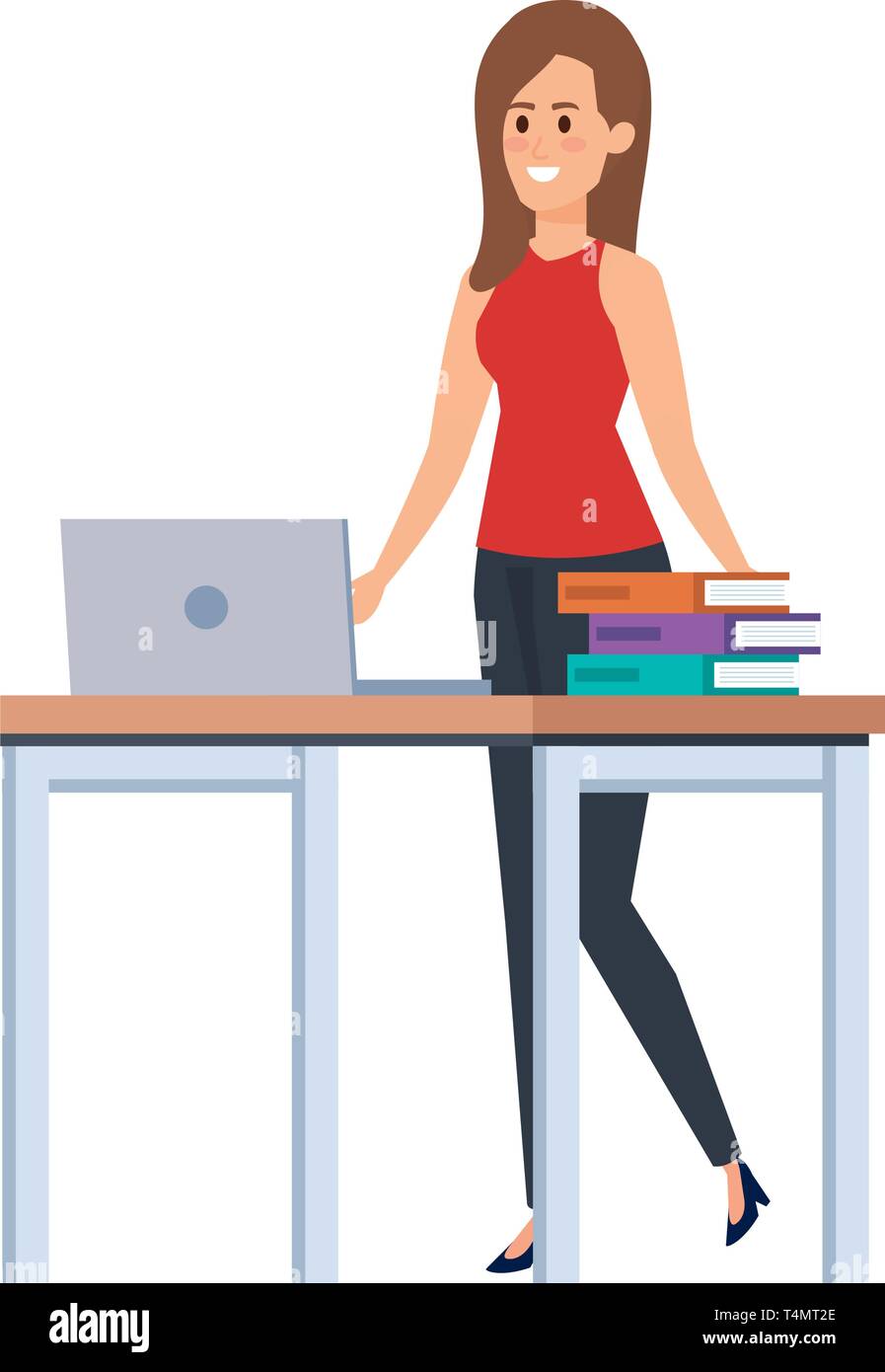 young teacher female in desk with laptop and books Stock Vector Image ...