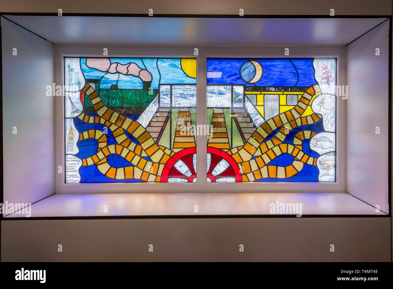 Merseyrail stained glass window dedication maghull station. Stock Photo