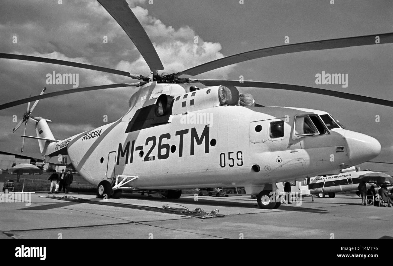 The Mil Mi-26 is a Soviet/Russian heavy transport helicopter.The first international aviation and space salon MAKS'93 Stock Photo