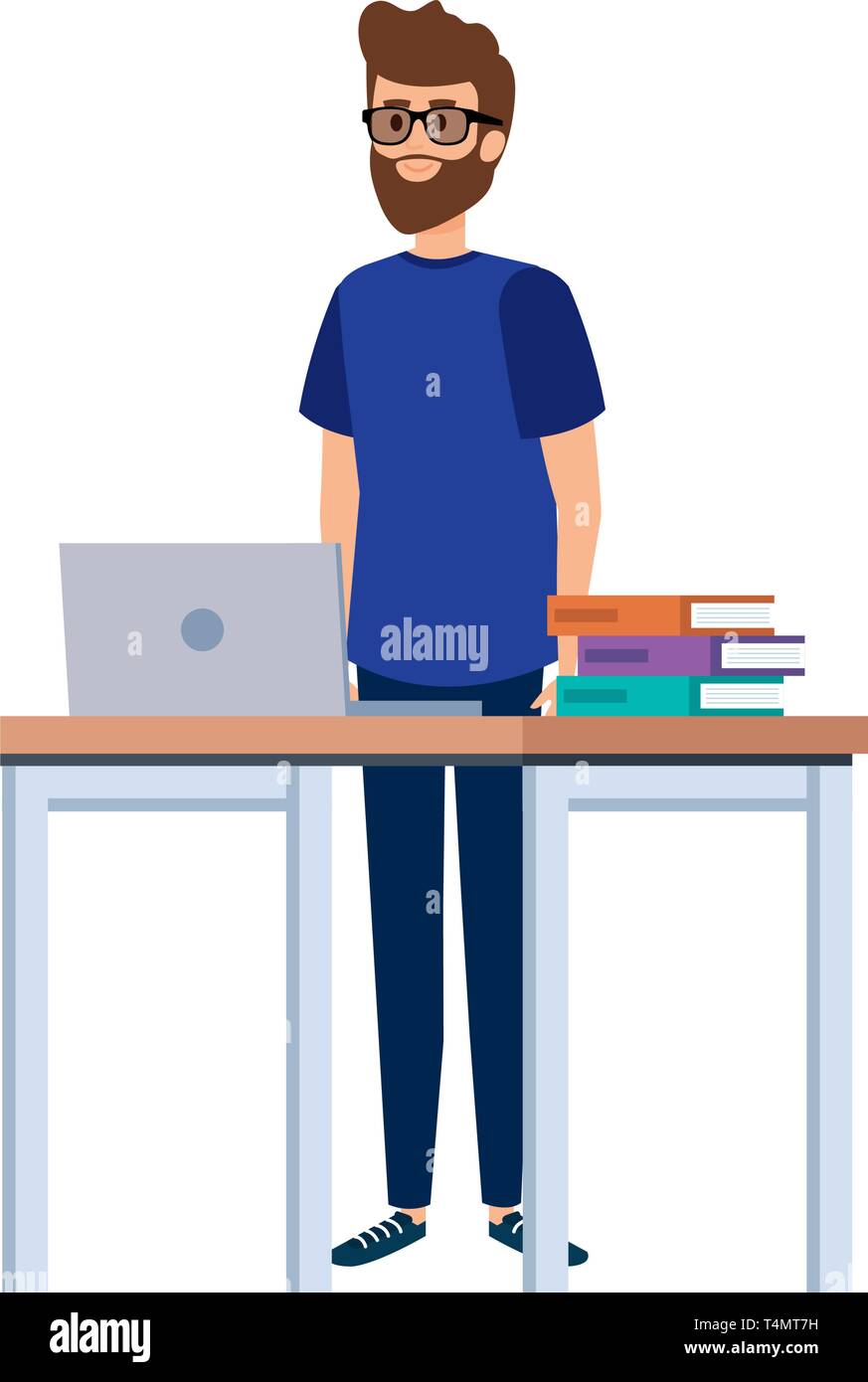 young teacher in desk with laptop and books Stock Vector Image & Art ...