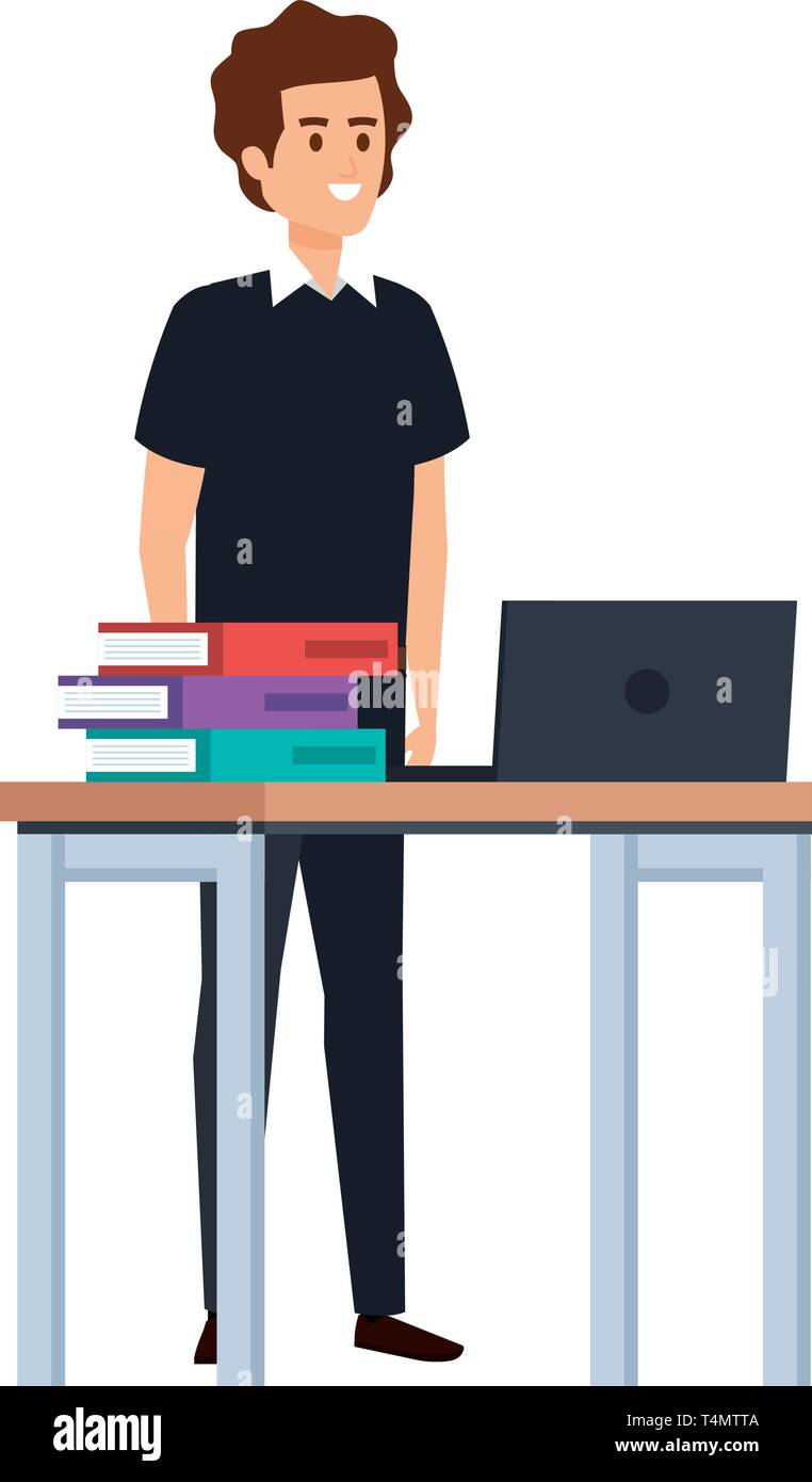 young teacher in desk with laptop and books Stock Vector Image & Art ...