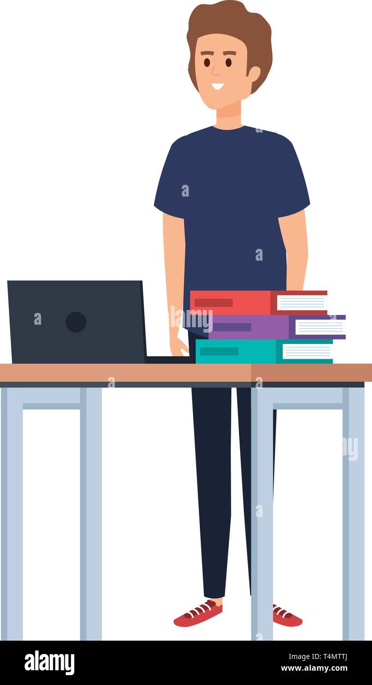 young teacher in desk with laptop and books Stock Vector Image & Art ...