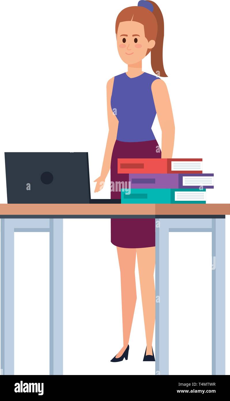 young teacher female in desk with laptop and books Stock Vector Image ...