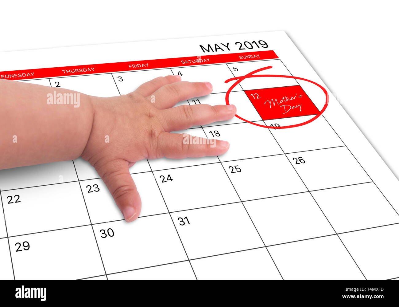 Baby hand showing mothers day in May 2019 calender Stock Photo