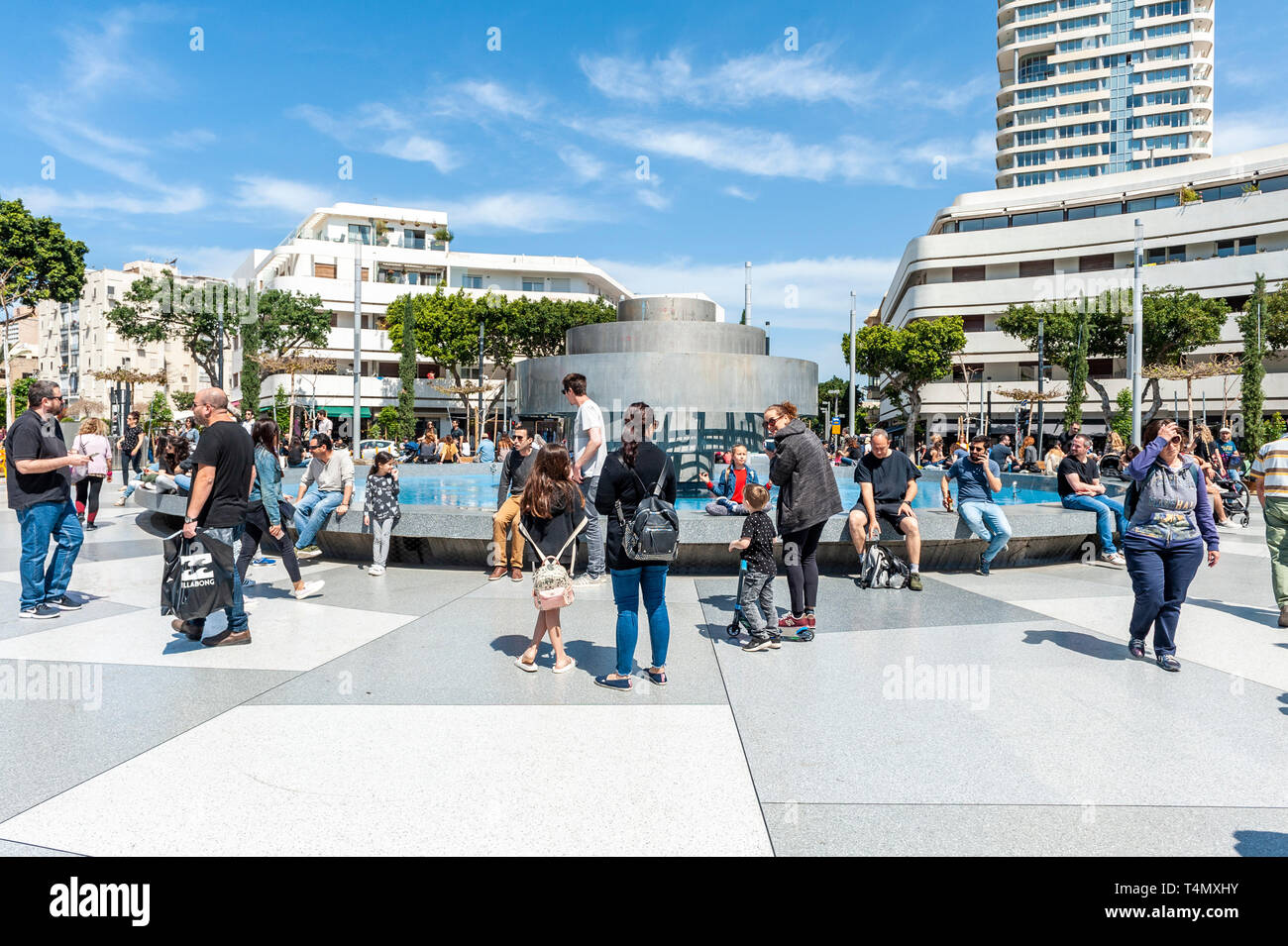 Israel, Tel Aviv-Yafo - 12 April 2019: The new Kikar Dizengoff square - Agams Fire and Water fountain is not yet fully restored Stock Photo