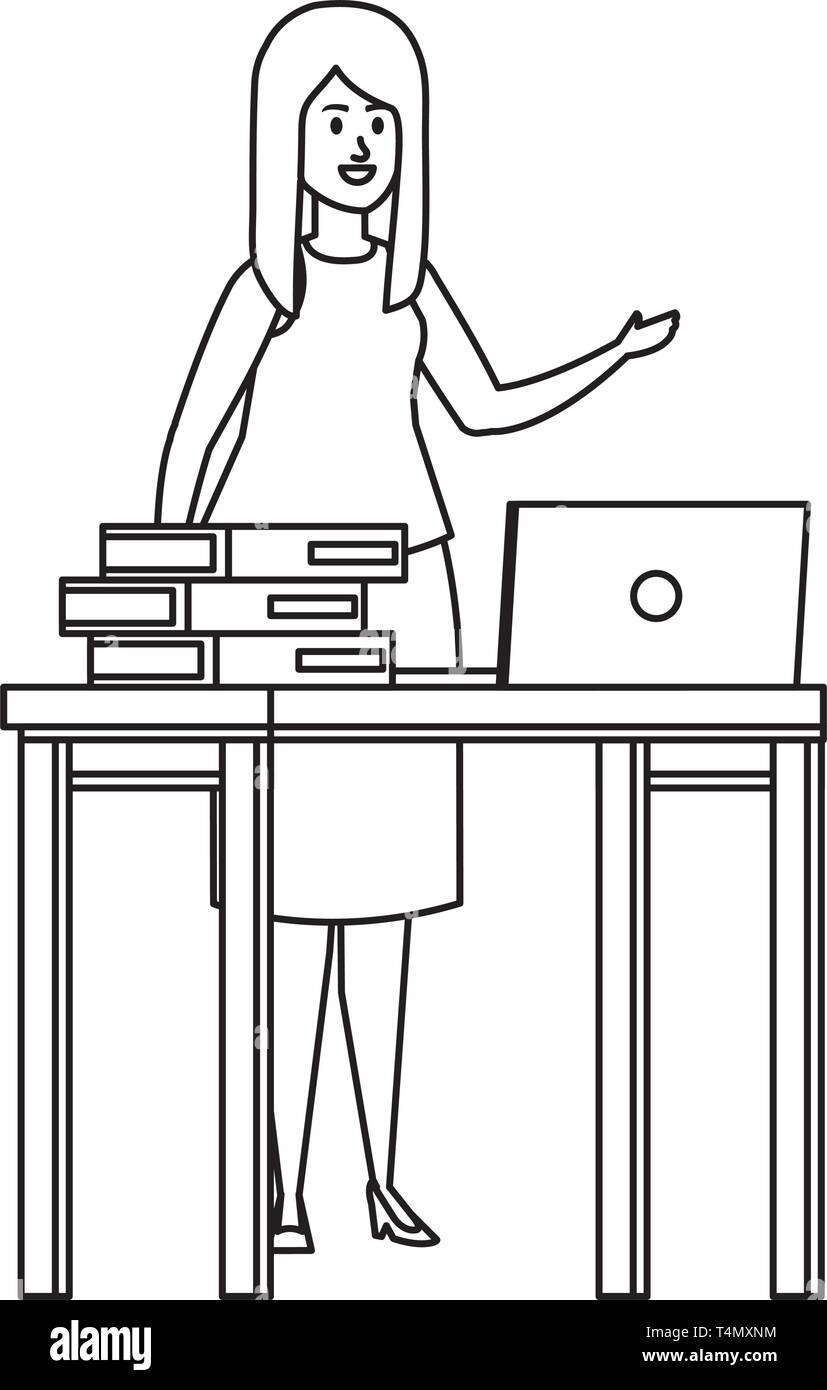 young teacher female in desk with laptop and books Stock Vector Image ...