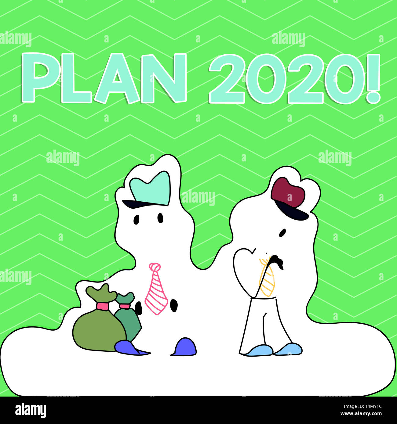Writing note showing Plan 2020. Business concept for detailed proposal for doing or achieving something next year Figure of Two Men Standing with Pouc Stock Photo