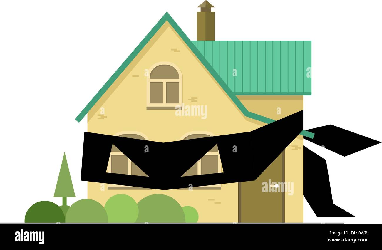 House with black criminal bandage blindfold masked robber symbol fraud. Dangerous real estate trade deal. Vector illustration cartoon style isolated Stock Vector