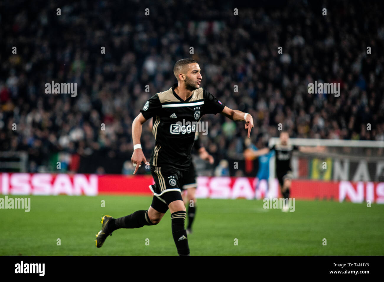 Turin Italy. 16th Apr 2019. Hakim Ziyech of Ajax during the Champions League football match Juventus FC vs Ajax. Ajax won 1 2 at Allianz Stadium in Turin Italy 16th april 2019 Credit