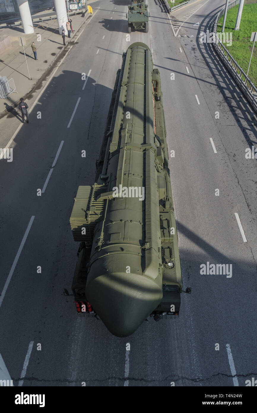 Moscow, May 7, 2015. 15U175M RS-24 Yars heading to the Red Square to participate in the rehearsal for the Victory Parade, top view. Stock Photo