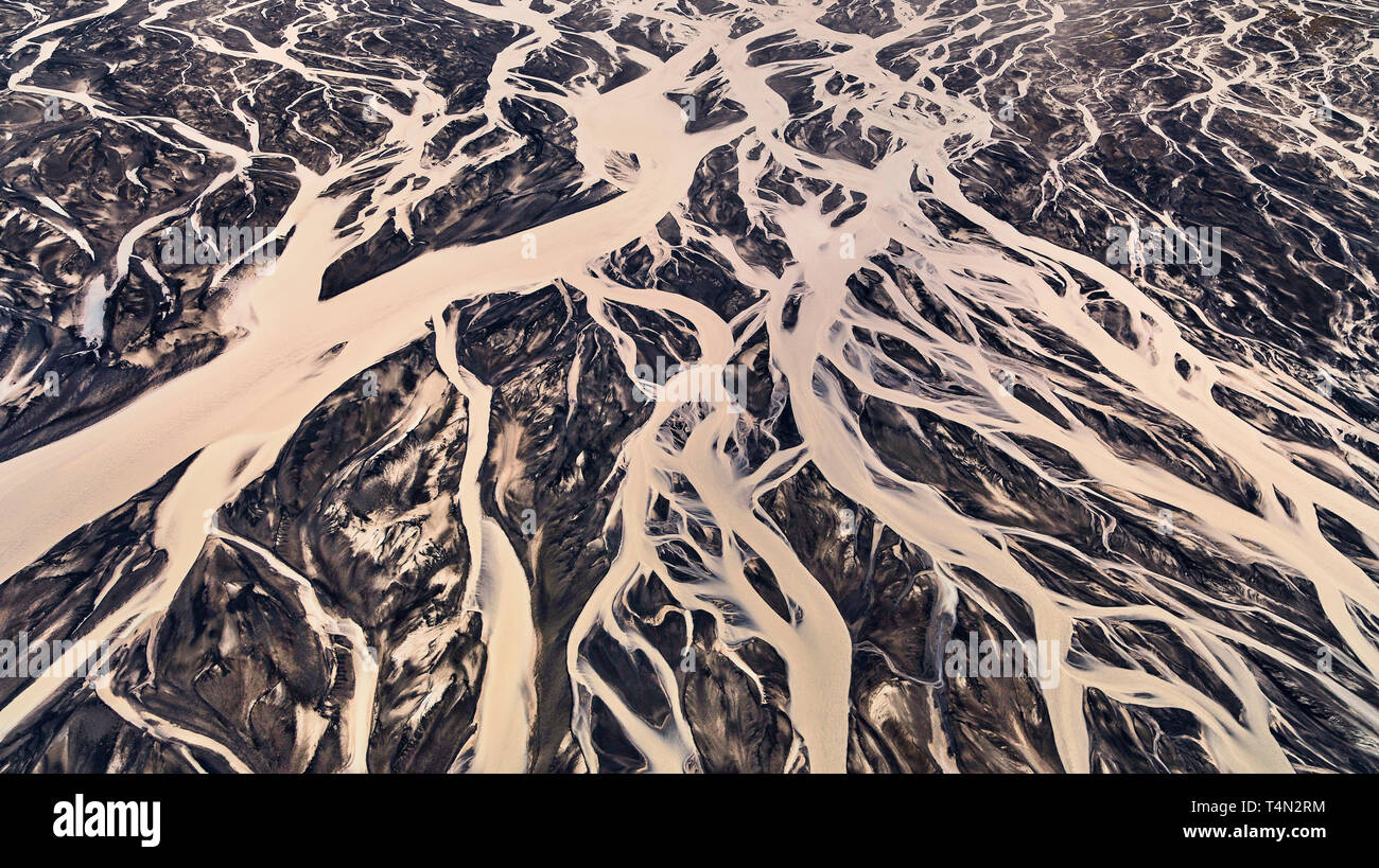 Riverbeds and black sands, Medallandssandur, Iceland This image is shot using a drone. Stock Photo