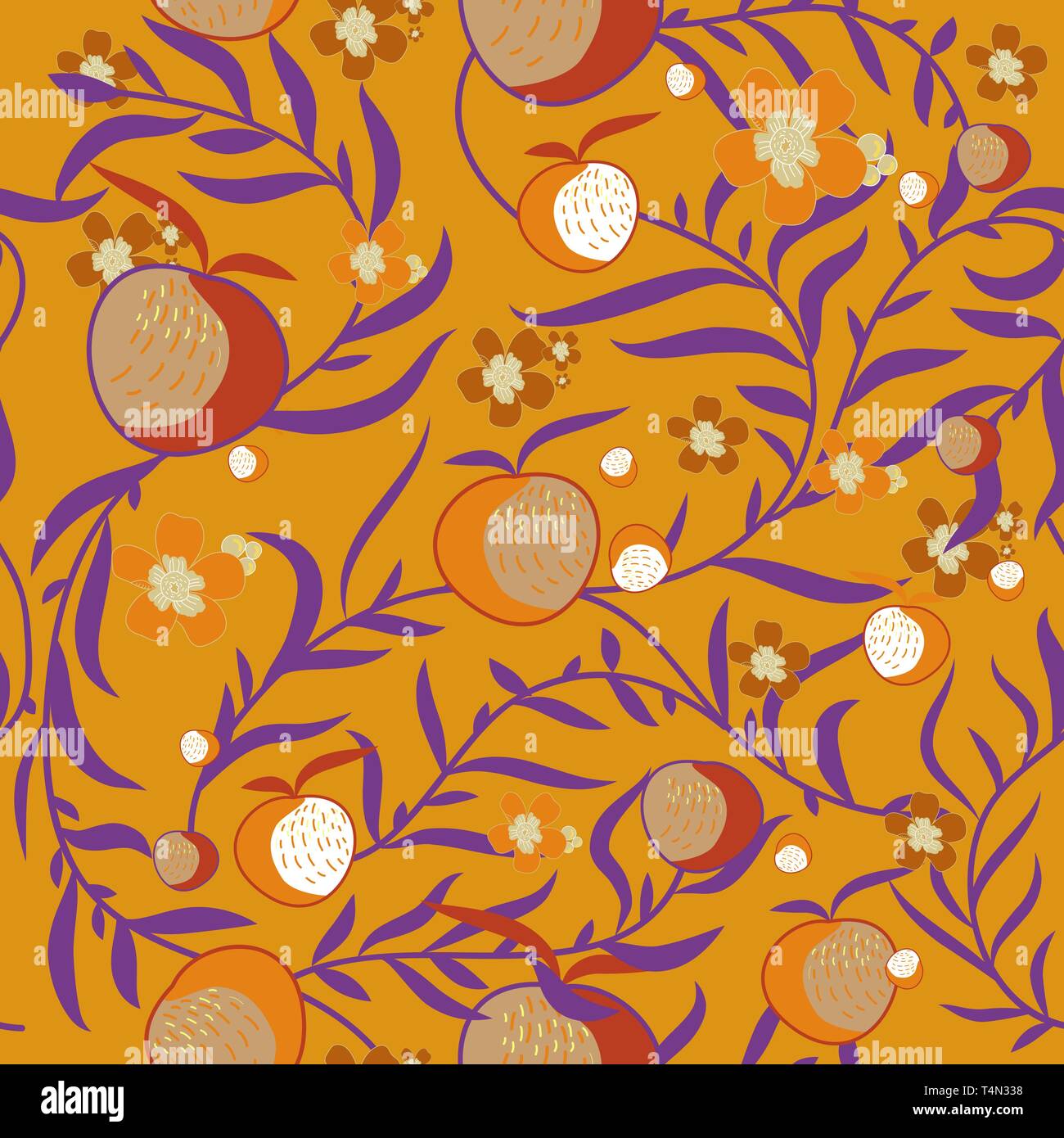 Seamless vector texture with leafs and fruits Stock Vector