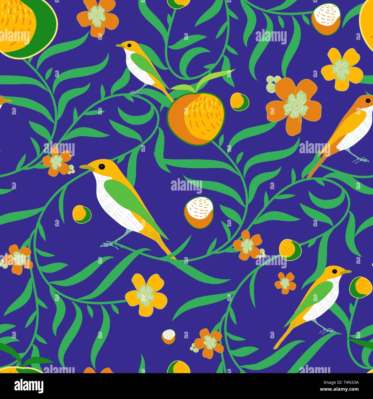 Seamless vector texture with leafs and fruits Stock Vector