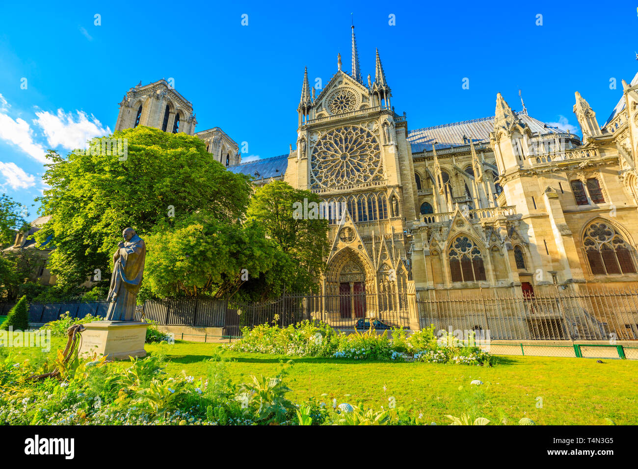Paris, France July 1, 2017Side garden of church Notre Dame of Paris