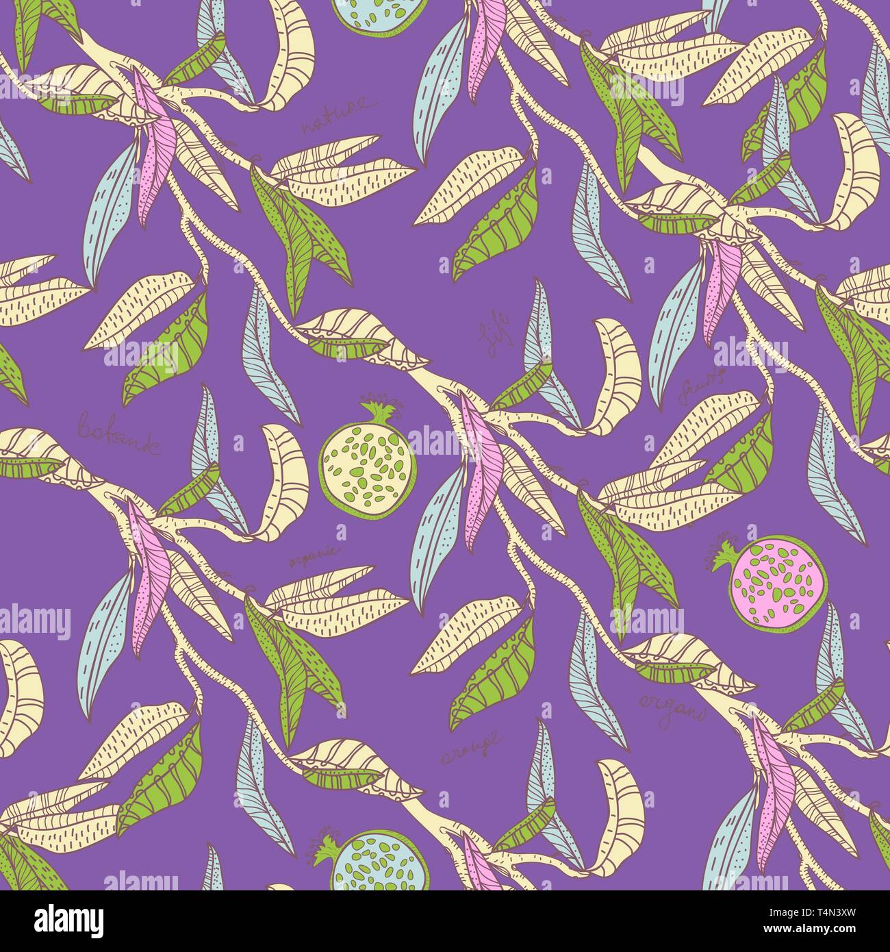 Seamless vector texture with leafs and fruits Stock Vector