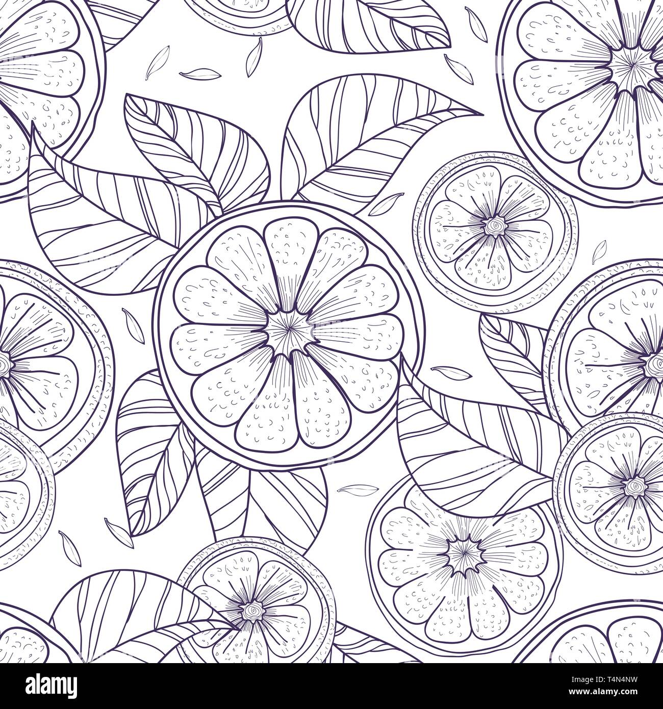 Seamless vector background with drawing multicolored lemons and leafs Stock Vector