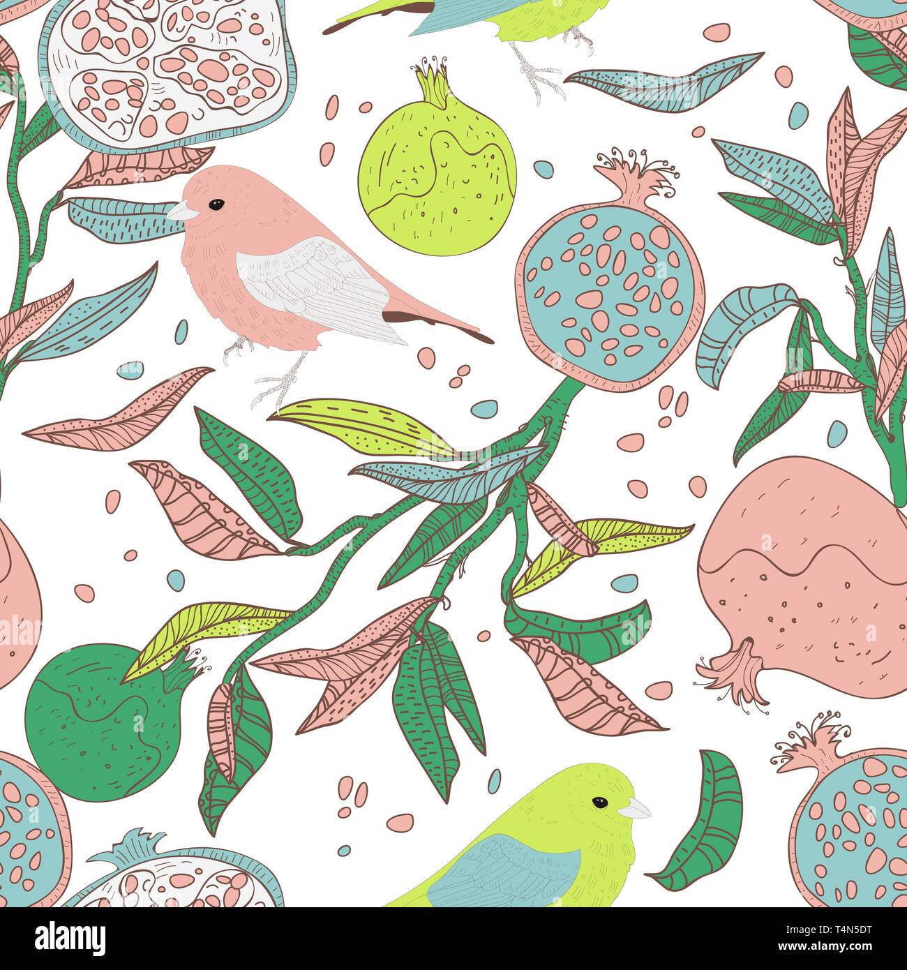 Seamless vector pattern with drawing birds and fruits Stock Vector