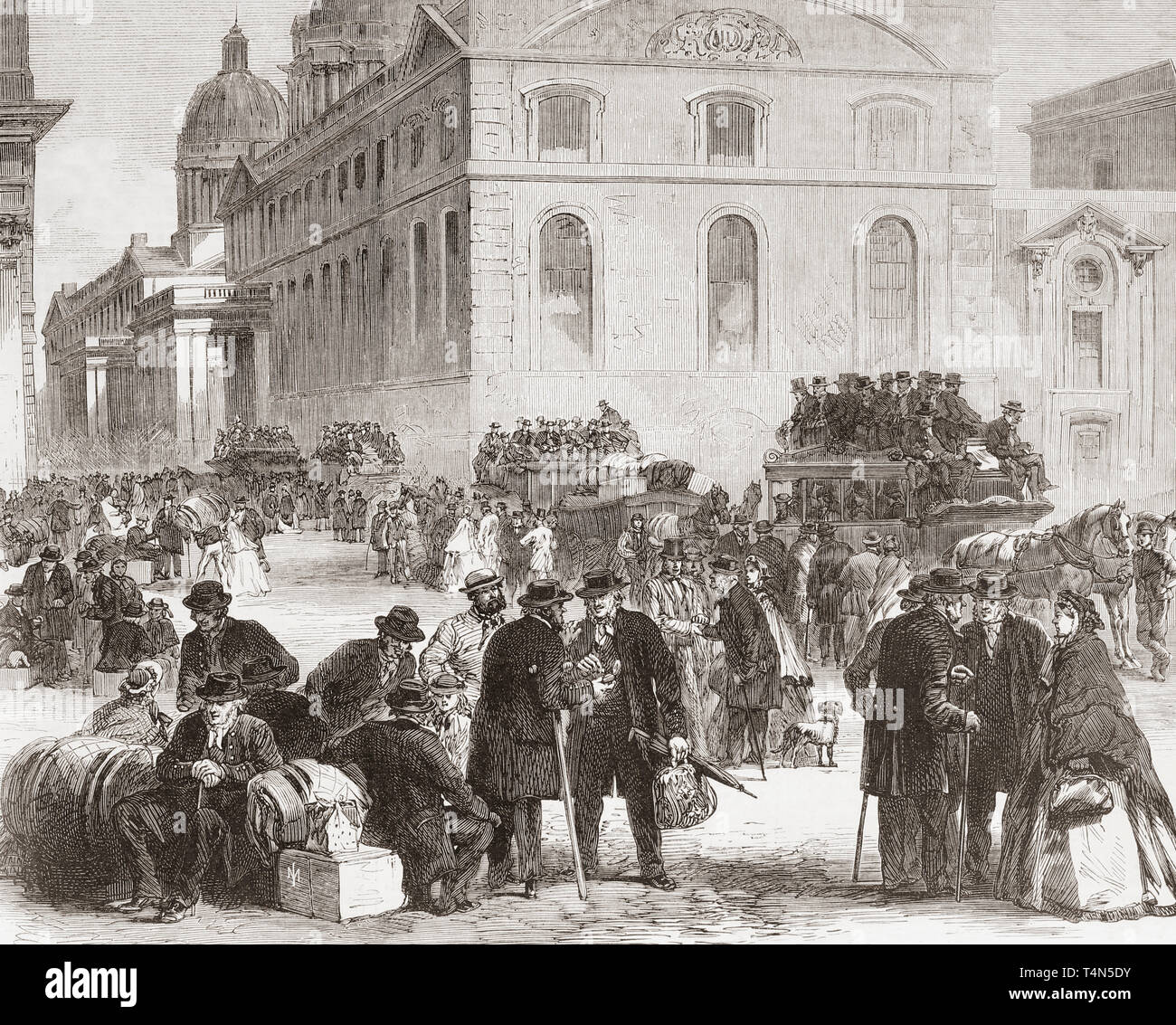 Pensioners leaving the Greenwich hospital.  The Greenwich Hospital was a permanent home for retired sailors of the Royal Navy, which operated from 1692 to 1869.  From The Illustrated London News, published 1865. Stock Photo