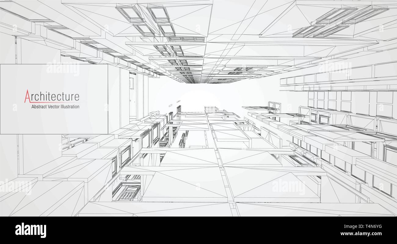 Modern architecture wireframe. Concept of urban wireframe. Wireframe building illustration of architecture CAD drawing. Stock Vector