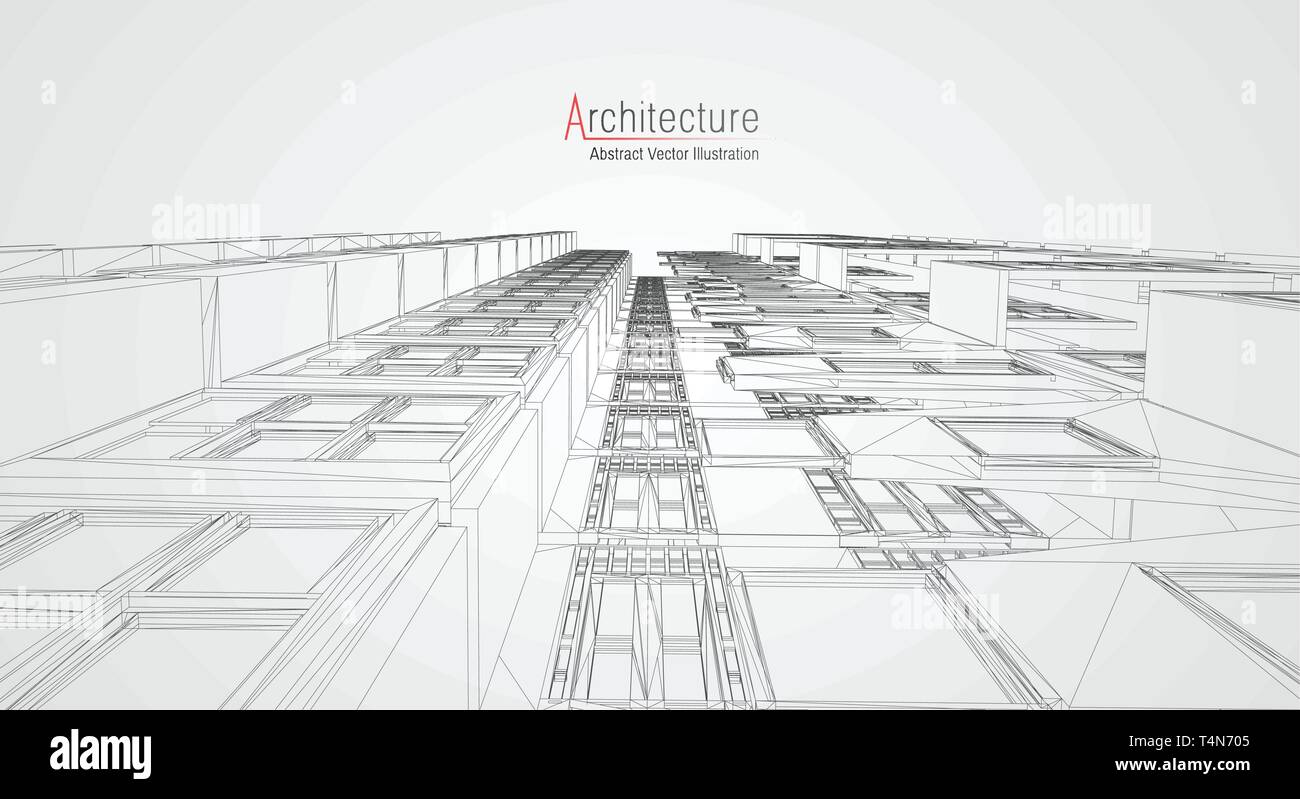 Modern architecture wireframe. Concept of urban wireframe. Wireframe building illustration of architecture CAD drawing. Stock Vector