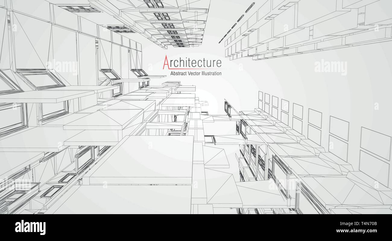 Modern architecture wireframe. Concept of urban wireframe. Wireframe building illustration of architecture CAD drawing. Stock Vector